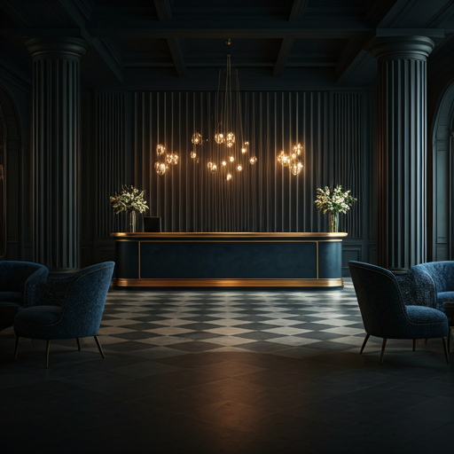 A grand boutique hotel lobby with dark marble floors, deep navy chairs, floral arrangements, and a polished hospitality desk.